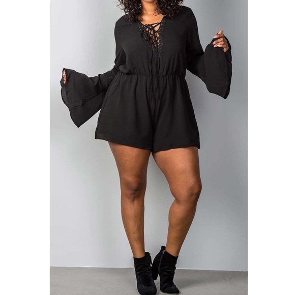 Plus Size Boho Lace-Up Bell Sleeve Black Romper - Picture 1 of 4